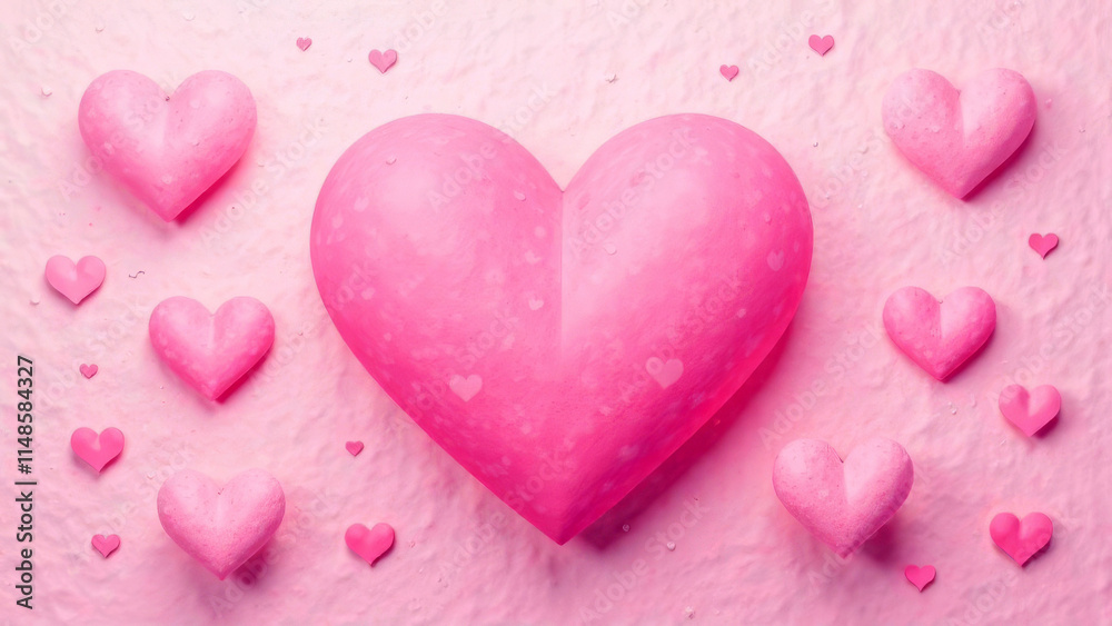 Large pink heart with smaller hearts on soft textured background Large pink heart with smaller hearts on soft textured background
