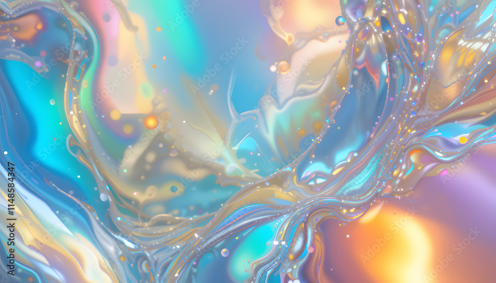 Obraz premium Holographic iridescent gradient colorful background with liquid effect creating a beautiful abstract design with splashes, waves, and swirling patterns.