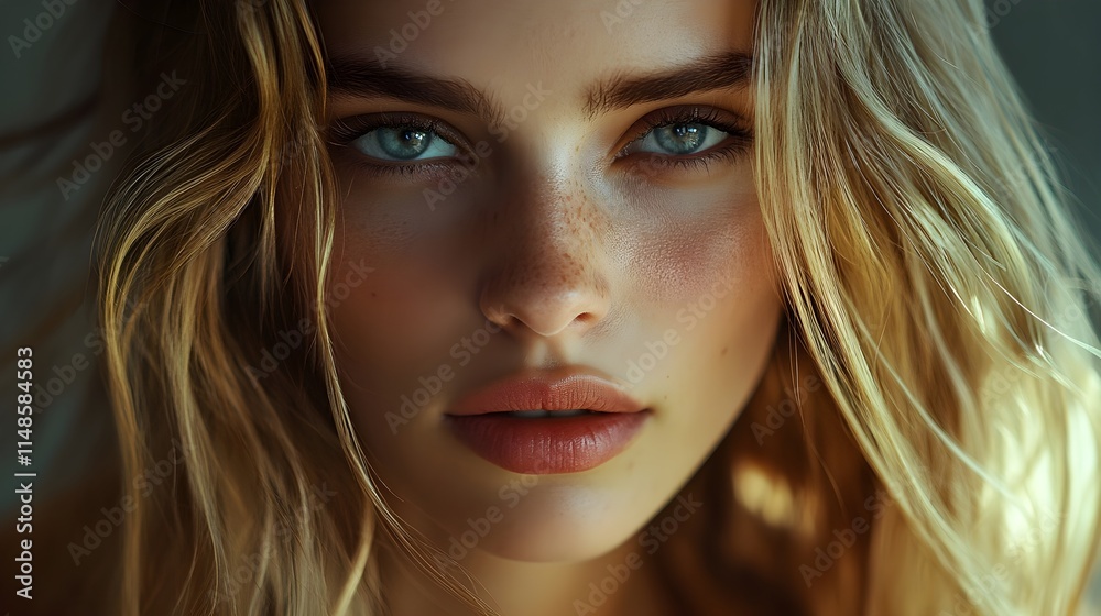 Stunningly beautiful blond closeup portrait, flawless skin and natural makeup, insanely detailed, strong look, generative AI. Stunningly beautiful blond closeup portrait, flawless skin and natural makeup, insanely detailed, strong look, generative AI.