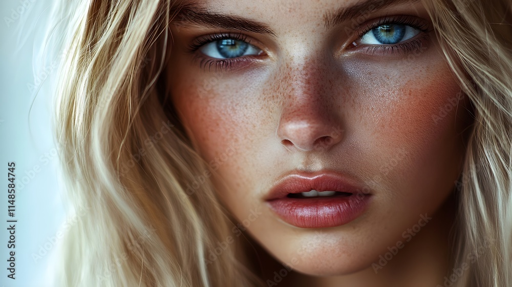 Stunningly beautiful blond closeup portrait, flawless skin and natural makeup, insanely detailed, strong look, generative AI. Stunningly beautiful blond closeup portrait, flawless skin and natural makeup, insanely detailed, strong look, generative AI.