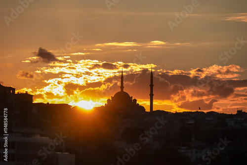 Silhouette of birds flying next to iconic Suleymaniye Mosque in Istanbul, Turkey, against dramatic sunset sky. Majestic dome and minarets stand tall against fiery orange and yellow hues of twilight photo