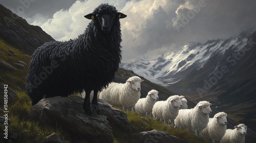 A striking contrast of a black sheep among a flock of white sheep in a dramatic mountainous landscape. photo