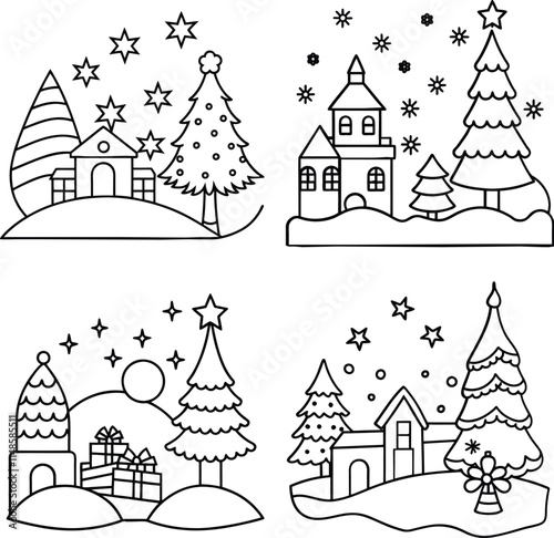 Bundle christmas tree line art and illustrator