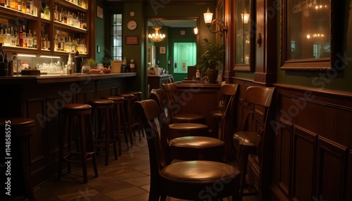 The image shows an empty, cozy bar with wooden stools and chairs, a well-stocked bar counter, and warm lighting. The setting has a classic, inviting atmosphere, perfect for a St. Patrick’s Day celebra photo