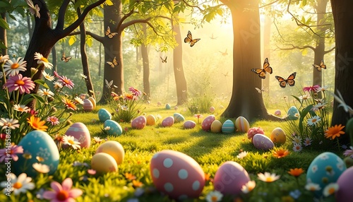 Enchanted Easter Egg Hunt in a Sunlit Spring Forest