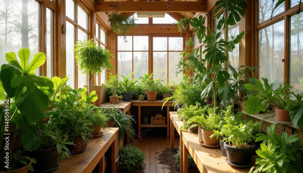 A sunlit indoor garden room filled with various potted plants on wooden tables and shelves, showcasing a lush and vibrant collection of greenery, creating a peaceful and natural atmosphere A sunlit indoor garden room filled with various potted plants on wooden tables and shelves, showcasing a lush and vibrant collection of greenery, creating a peaceful and natural atmosphere