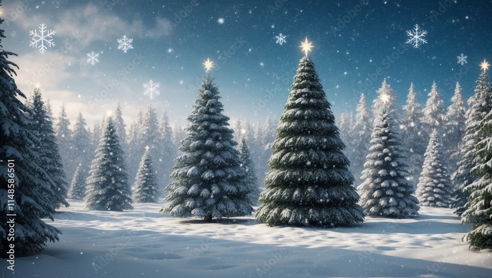 Magical snowy winter forest with christmas trees Magical snowy winter forest with christmas trees