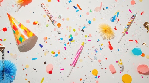 A flat-lay of a party setup including noisemakers, party hats, and scattered confetti, all on a white background. photo