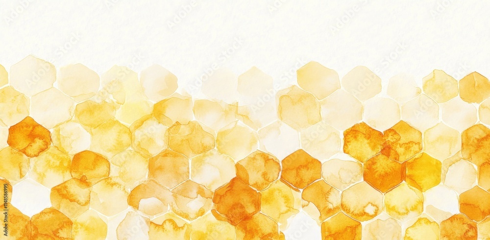 Seamless watercolor honeycomb pattern in shades of yellow and orange, arranged horizontally along the bottom edge Seamless watercolor honeycomb pattern in shades of yellow and orange, arranged horizontally along the bottom edge