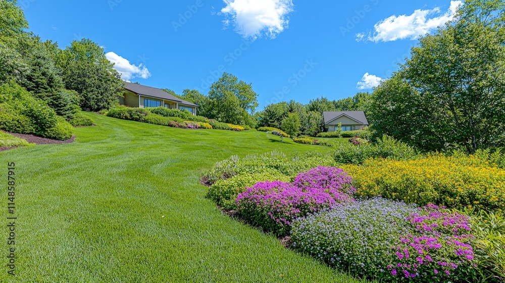 Obraz premium Lush green hillside with blooming flowers and houses.