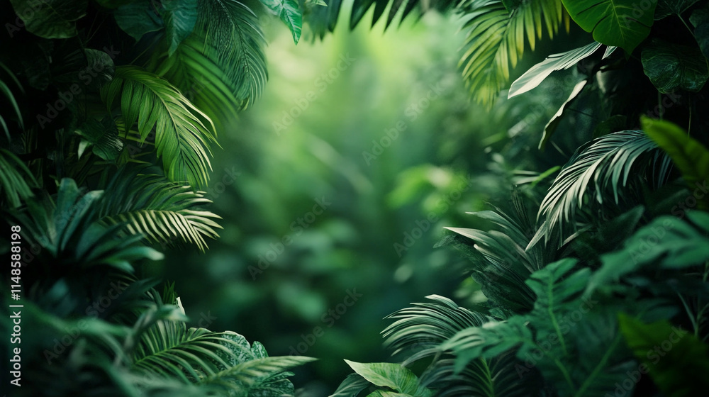 Fototapeta premium Lushreen foliage creates a vibrant atmosphere in a tropical forest.