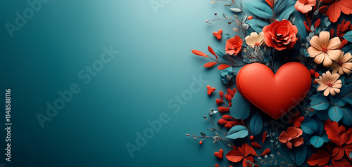 A blue background with a red heart and flowers. The heart is surrounded by a bunch of flowers