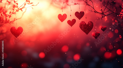 A red background with a bunch of hearts hanging from a tree. The hearts are all different sizes and are scattered throughout the image