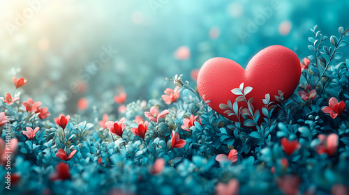 A red heart is in the middle of a field of flowers. The heart is surrounded by green grass and red flowers