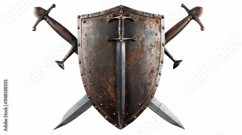Rustic shield and crossed swords on a white background.