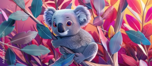 Cute koala bear with big eyes climbing a branch. photo