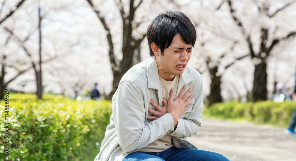 Young asian male experiencing discomfort in cherry blossom park setting Young asian male experiencing discomfort in cherry blossom park setting