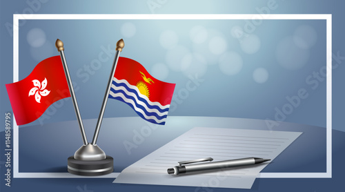 Hong Kong and Kiribati National flags on small table with bokeh background, cooperative relationship