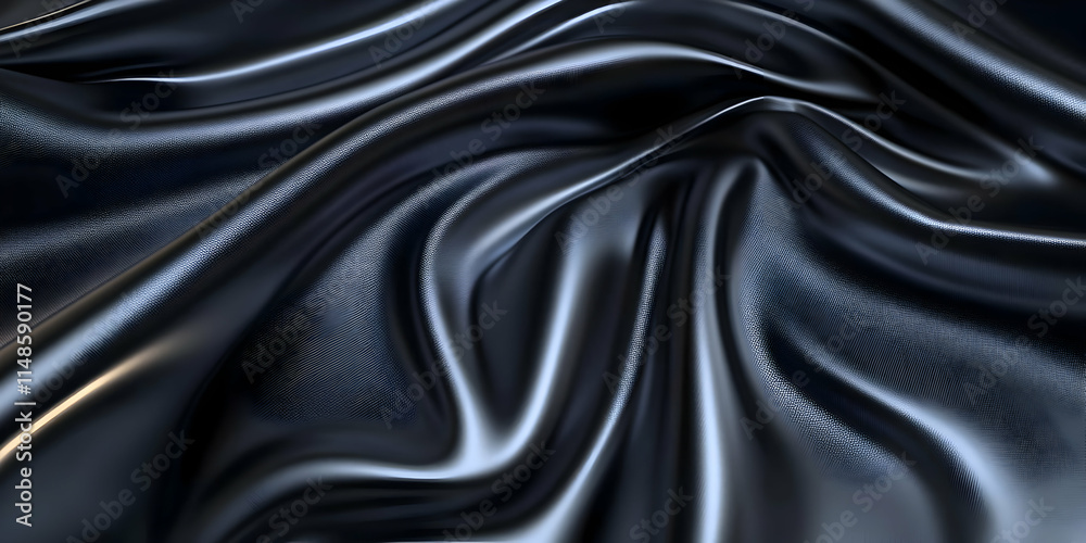Fototapeta premium A close-up of smooth, shiny black fabric with elegant folds and curves.