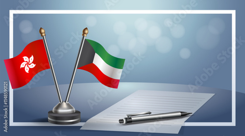Hong Kong and Kuwait National flags on small table with bokeh background, cooperative relationship