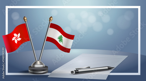 Hong Kong and Lebanon National flags on small table with bokeh background, cooperative relationship