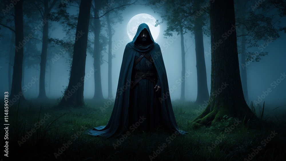 Mysterious figure in misty dark forest night Mysterious figure in misty dark forest night