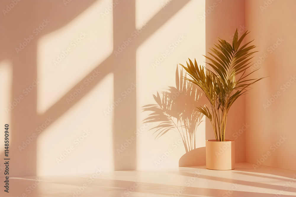 A potted plant casts shadows on a softly lit wall, creating a tranquil atmosphere. A potted plant casts shadows on a softly lit wall, creating a tranquil atmosphere.