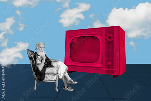 Foto Contemporary poster trend art collage of serious royal king old man sit throne w