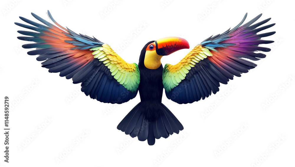 Obraz premium A colorful toucan with spread wings isolated on a transparent background