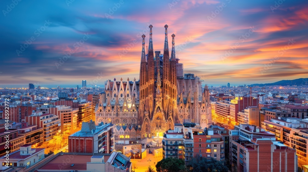 Obraz premium Breathtaking Ultra HD 7K Rooftop Views of Barcelona Showcasing the City Architectural Marvels and Scenic Landmarks Ideal for Promotional and Travel Projects