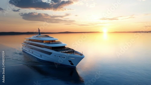 A stunning luxury yacht glides smoothly across serene waters during sunset, surrounded by beautiful coastal scenery and a vibrant sky filled with colors.