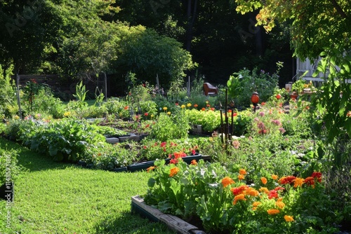 Fototapeta Naklejka Na Ścianę i Meble -  Vibrant garden with colorful flowers and vegetable rows during sunny afternoon in a lush outdoor space. Generative AI