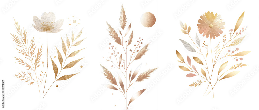 Rose gold flowers leaves bunch minimal golden elements png clipart transparent, postcards, greeting cards, wedding invites.