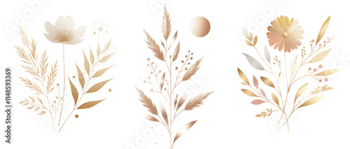 Obraz na płótnie Rose gold flowers leaves bunch minimal golden elements png clipart transparent, postcards, greeting cards, wedding invites. w salonie