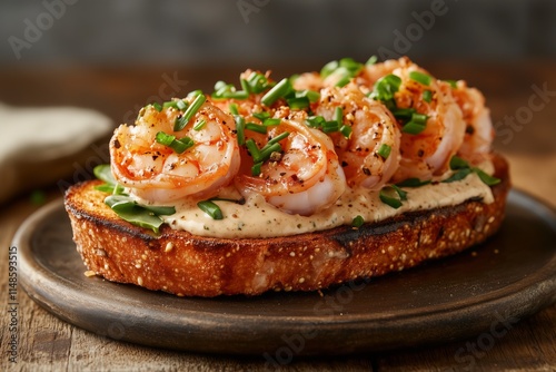 open prawn cocktail sandwich on toasted bread, topped with juicy prawns, crisp lettuce, creamy sauce, and sprinkled with fresh chives and paprika, served on a rustic wooden table photo