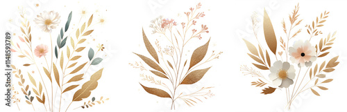 Rose gold flowers leaves bunch minimal golden elements png clipart transparent, postcards, greeting cards, wedding invites.