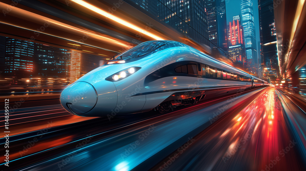 Fototapeta premium Futuristic High-Speed Train in Motion with Vibrant Cityscape Background