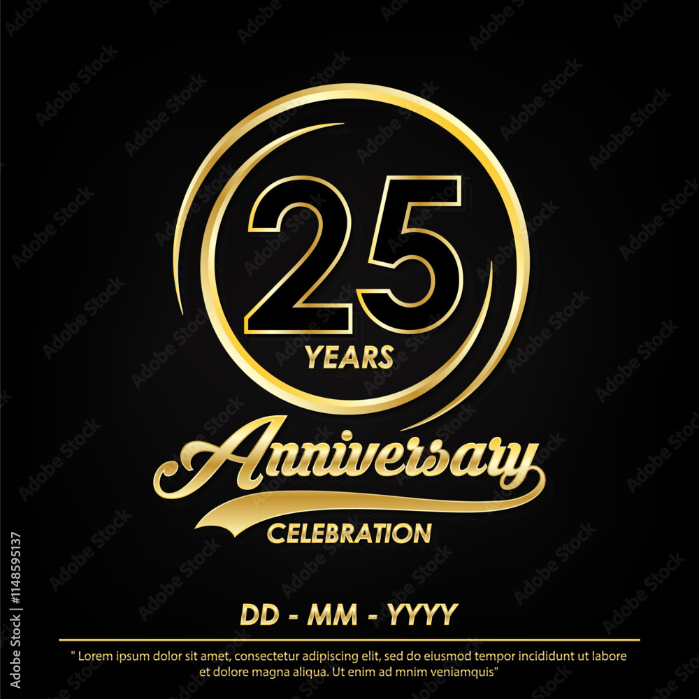 25th years anniversary celebration emblem. elegance golden anniversary logo isolated with ring and ribbon on black background. vector illustration template 25th years anniversary celebration emblem. elegance golden anniversary logo isolated with ring and ribbon on black background. vector illustration template