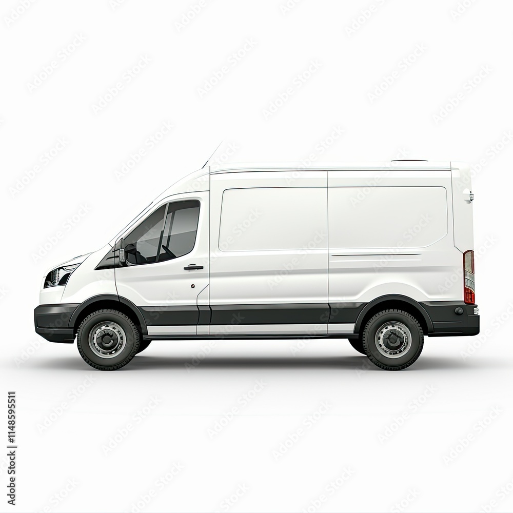 A side view of a white delivery van, designed for transporting goods. isolated on white background A side view of a white delivery van, designed for transporting goods. isolated on white background