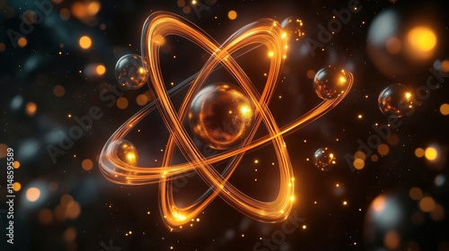 Animated 3d atom with spinning electrons, glowing orbits. Golden metallic nucleus surrounded by orange-yellow light trails. Particles move around in space. Scientific animation. Modern tech, photo