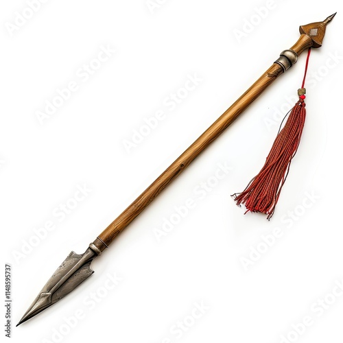 A decorative spear with a metal tip and tassel, likely used for ceremonial purposes. isolated on white background
