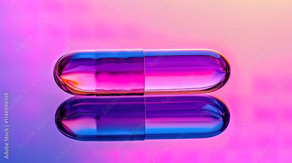 Close-up of a vibrant purple and blue capsule reflecting on a glossy surface. Close-up of a vibrant purple and blue capsule reflecting on a glossy surface.