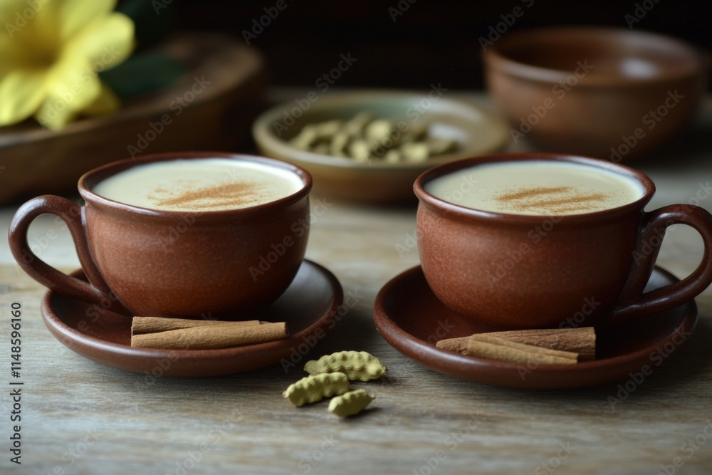 Two mugs of spiced creamy beverage with cinnamon sticks and cardamom pods on rustic wooden table. Two mugs of spiced creamy beverage with cinnamon sticks and cardamom pods on rustic wooden table.