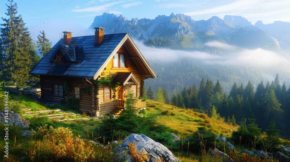 Fototapeta premium Stunning Ultra HD Image of a Rustic Cabin Overlooking a Serene Misty Valley Perfect for Nature and Travel Projects