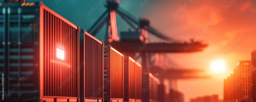 A vibrant sunset illuminates shipping containers, showcasing a bustling port with cranes in the background, creating a dynamic industrial scene. A vibrant sunset illuminates shipping containers, showcasing a bustling port with cranes in the background, creating a dynamic industrial scene.