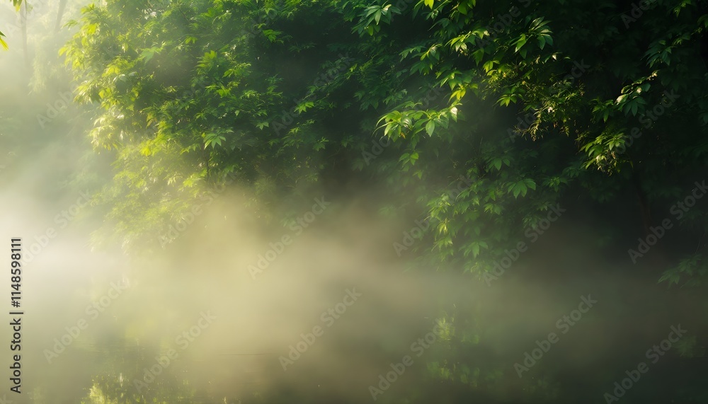 Fototapeta premium Lush Tropical Forest with Misty Morning Fog