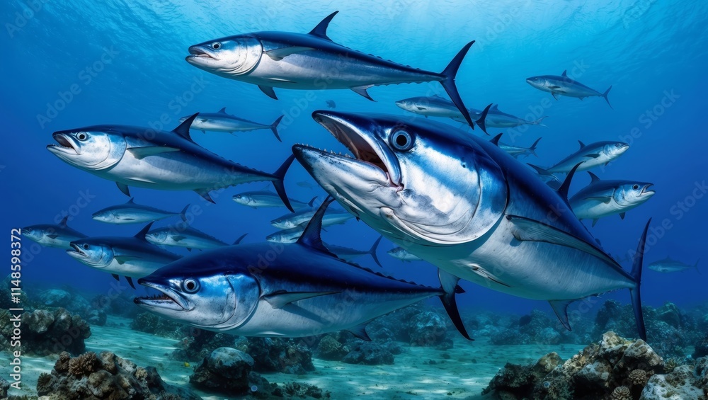 Fototapeta premium School of bluefin tuna swimming underwater sea