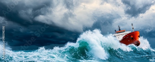 A small boat navigates through tumultuous waves under a stormy sky, showcasing the power of nature and maritime resilience.