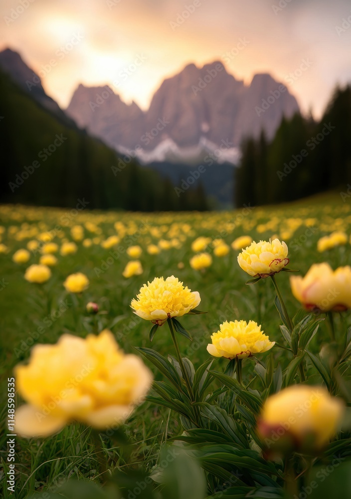Obraz premium Vibrant yellow peonies against dolomite mountains at sunset