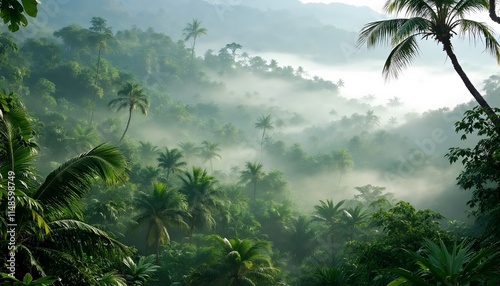 Lush Tropical Forest with Misty Morning Fog
